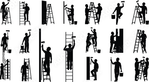 Painter worker silhouettes on ladders, house painting and renovation jobs, construction maintenance activities, professional decorators, black vector set