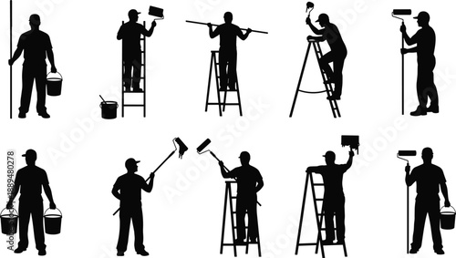 Painter silhouettes collection, house painting workers with ladder roller bucket tools set, construction maintenance job figures, black silhouettes isolated