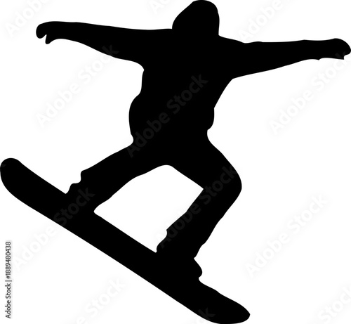 A black silhouette of a snowboarder in transparent background