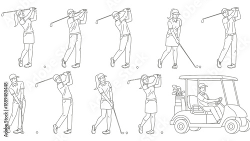 Line art illustrations of people playing golf, showcasing various swing poses and a golf cart, in a simple black and white style.
