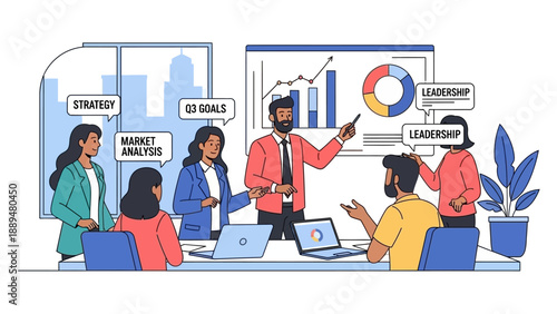 Business team meeting in an office with a presenter explaining charts and graphs on a screen, discussing strategy and goals.