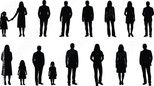 People and children standing silhouette set, men women family figures full body collection, human diversity illustration, isolated white background