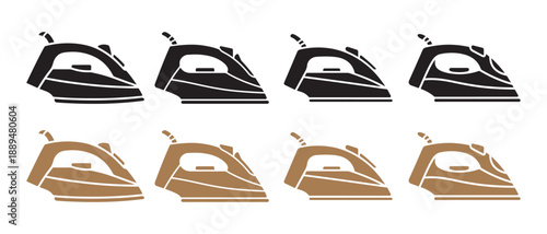 Set of clothes irons in black and brown silhouettes, isolated on white background.