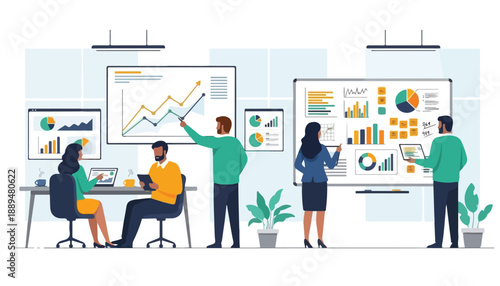 A team of business professionals analyzing data and presenting financial reports in a modern office setting with various charts and graphs.