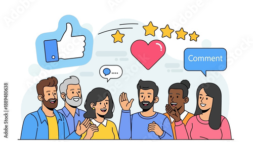 Diverse group of people interacting with social media icons representing likes, ratings, and comments.