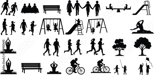 People lifestyle silhouettes in park activities, family walking jogging cycling playground scenes, outdoor leisure and wellness concept, isolated black illustration
