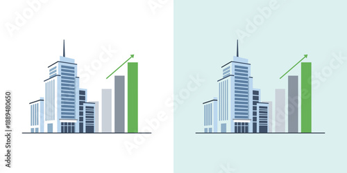 Cityscape illustration with rising graph trend in modern business district from a street-level viewpoint