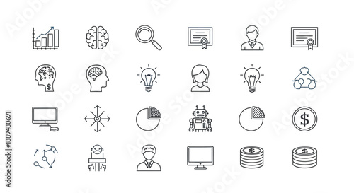 A collection of various business technology and analytical icons representing ideas research and financial concepts