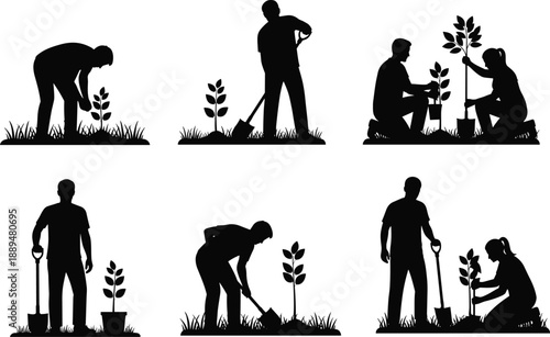 People planting trees silhouettes, gardening and teamwork activity, environmental conservation concept, eco friendly planting process, black vector illustration