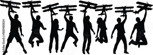 People silhouette holding vintage airplanes, teamwork and creativity concept, aviation hobby icons, black vector figures, retro flight illustration set