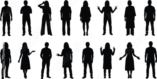 People silhouette collection, men and women standing poses, human body gestures, isolated black figures set, lifestyle illustration