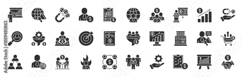 Sales team glyph style editable icon set Collection. Containing salesperson, marketing, prospect, conversion, sales report, funnel, lead generation, and more. EPS 10