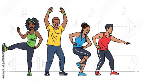 Four diverse people dancing or exercising together in a fitness class with musical notes and gym equipment in the background.