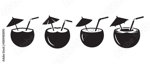 Tropical Coconut Drinks with Umbrellas and Straws, Set isolated on white background.