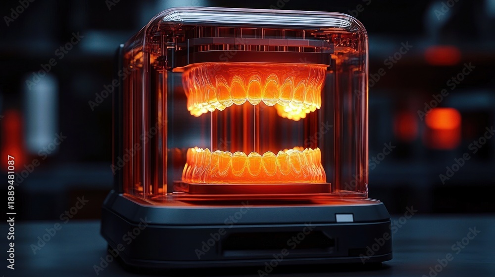 Obraz premium Glowing orange dental arches suspended inside a transparent enclosure on a dark sleek base, futuristic clinical and eerie atmosphere