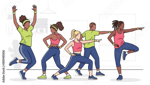 Diverse group of people exercising indoors, performing various fitness poses in activewear.