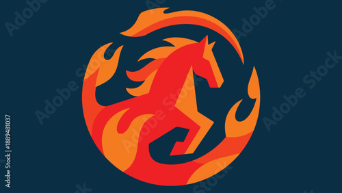 Illustration Of Fire Horse Silhouette Inside Fire Circle, Zodiac Symbol Vector Design Template