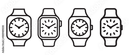 Four square outline wristwatches in a row isolated on white background.