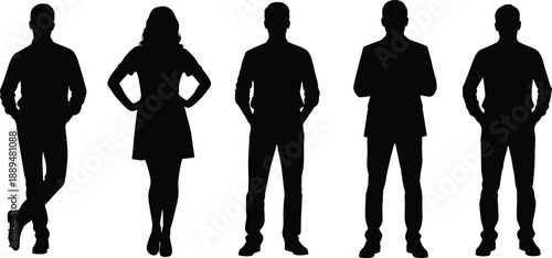 People silhouettes collection, men and woman standing casual poses, human lifestyle figures set, modern black vector illustration isolated white background