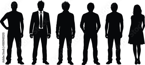 People silhouettes collection, men and woman standing casual poses, mixed human figures set, modern lifestyle concept, black vector illustration isolated white background