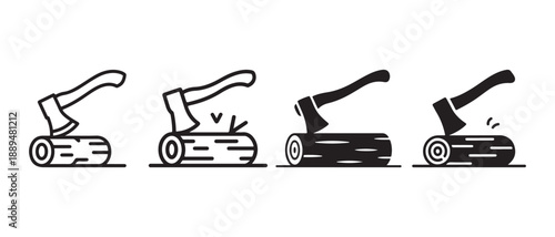 Axe Chopping Wood Log Icons Set. Isolated on White Background.