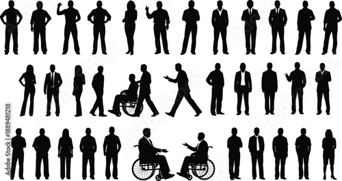 People silhouettes collection, men and women standing walking talking poses, diverse human figures set, modern black vector illustration isolated white background