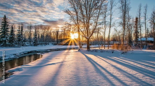 Alaska winter sunset over river, snow covered ground, birch tree branches, icy stream, forest, cloudy sky, warm glow against cold white landscape for peaceful serene nature scene