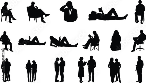 People silhouettes reading, sitting and standing poses, casual lifestyle activities, thinking and communication scenes, everyday human behavior, isolated black illustration