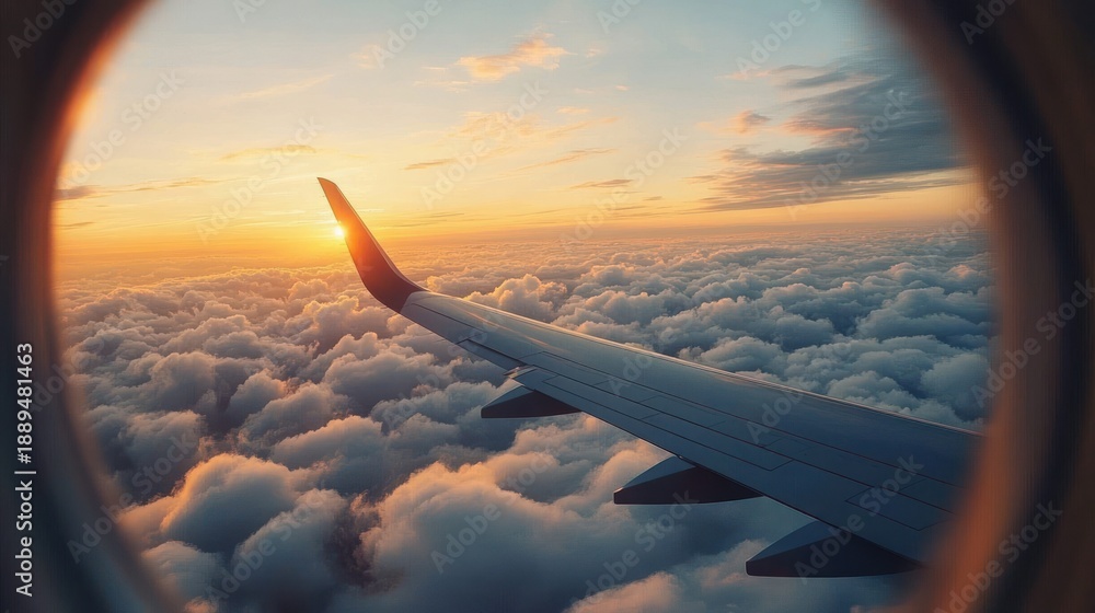 Obraz premium view through airplane window of wing over a golden sea of clouds at sunset, peaceful and awe-inspiring