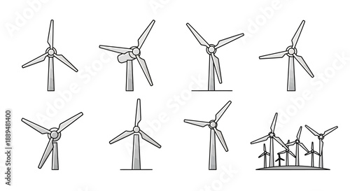 Collection of Wind Turbine and Wind Farm Icons for Renewable Energy, isolated white background.