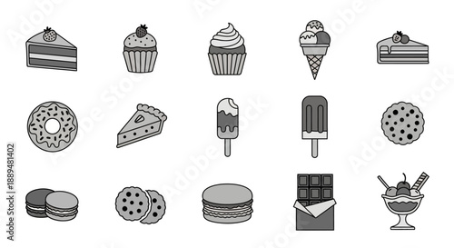 Assortment of Sweets and Desserts Icons Including Cake, Cupcake, Ice Cream, and Donut, isolated white background.