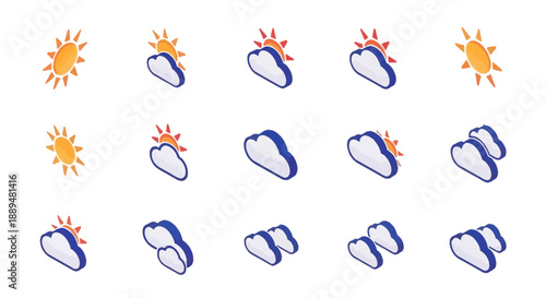Isometric Weather Forecast Icons Set with Sun, Clouds, and Rain, isolated white background.