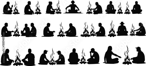 People sitting around campfire silhouette set, outdoor camping gathering storytelling warmth concept, night adventure lifestyle illustration, isolated white background