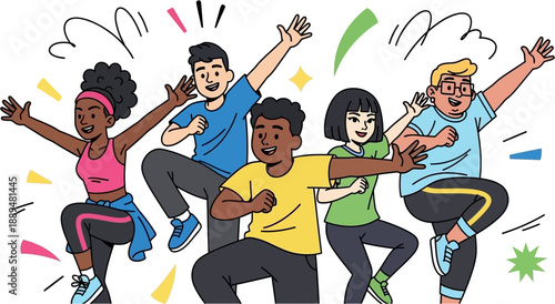 A diverse group of five young people enthusiastically dancing or exercising together, showing joy and energy.