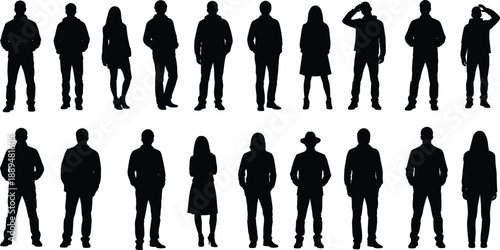 People standing silhouette collection, men and women casual poses, human figures set, isolated black silhouettes illustration