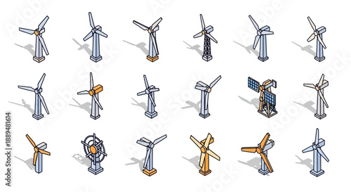 Isometric renewable energy collection, wind turbines and solar panel array, isolated white background