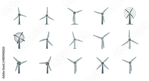 Wind turbine renewable energy icon set, clean power generation technology, isolated white background