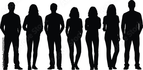 People standing silhouettes collection, men and women casual poses, human figures lineup, social group concept, black vector illustration isolated white background
