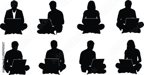 People using laptop silhouettes, remote work freelancers, online learning, digital nomads, modern technology lifestyle, sitting workspace, minimal illustration