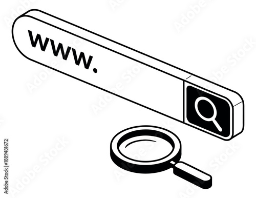 Isometric line art illustration of a web search bar and magnifying glass depicting online searching for internet technology