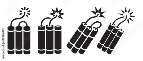 Dynamite Sticks Icon Set, Exploding Fuse, Danger Symbol, Isolated on White Background.