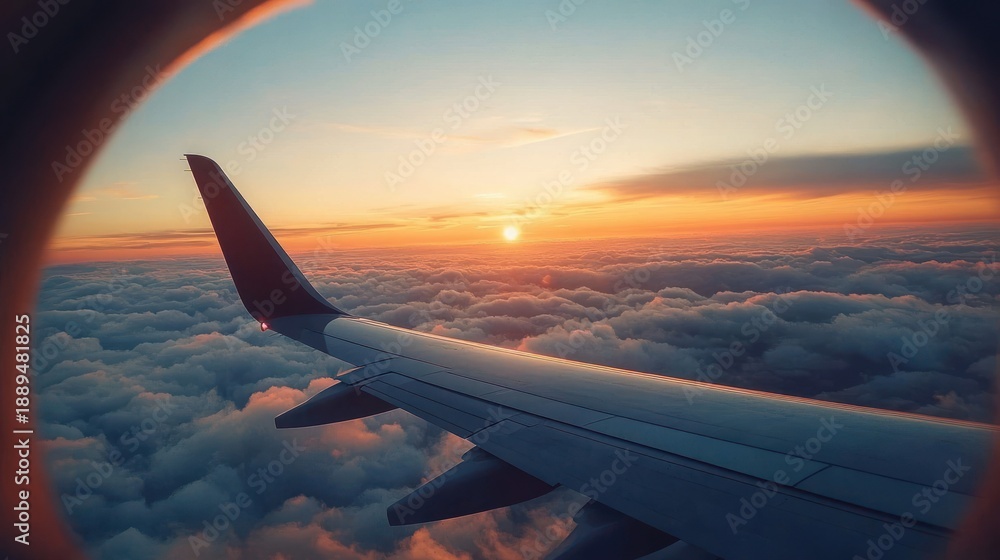 Obraz premium Airplane wing framed by window over a sea of glowing clouds at sunrise, serene golden sky and a peaceful sense of wonder