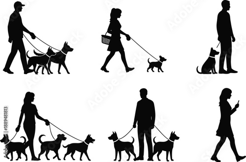 People walking dogs silhouette collection, men and women dog walkers with pets, urban lifestyle activity illustration isolated