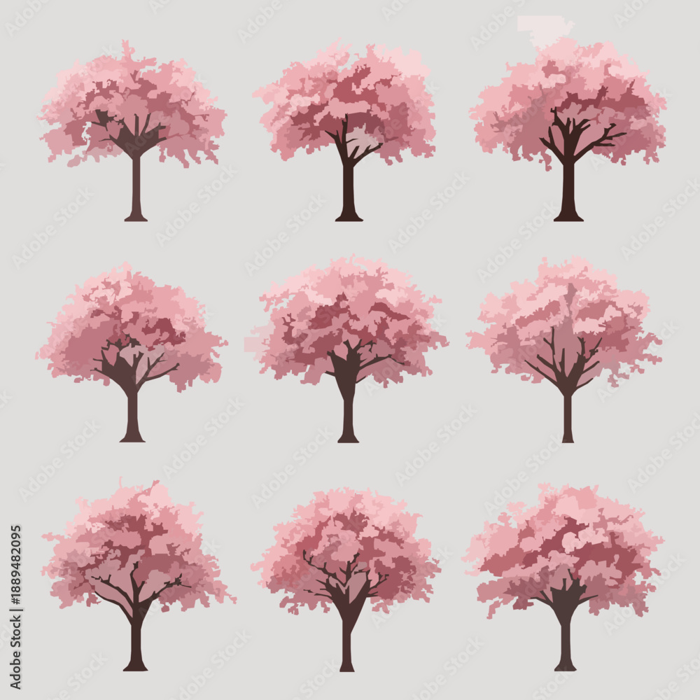 Fototapeta premium Decorative Cherry Blossom Tree 3D Illustration Set with Transparent Background