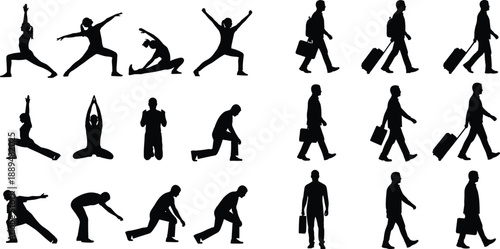 People, silhouettes, activities, yoga, travel, walking, business, lifestyle, motion, poses, exercise, relaxation, suitcase, work, leisure, human, figures, black, illustration, set