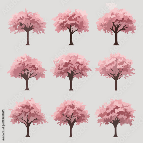 Decorative Cherry Blossom Tree 3D Illustration Set with Transparent Background