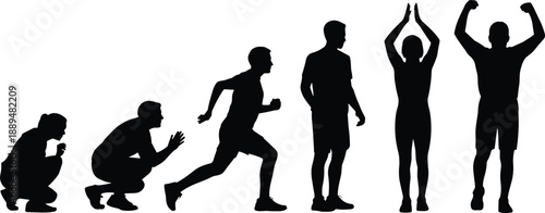 Human evolution sequence silhouette showing progression from crouching to running, standing, stretching and jumping, fitness growth concept isolated on white background studio illustration