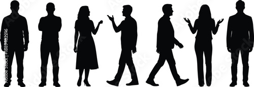 People,silhouette,conversation,communication,gestures,men,women,standing,walking,interaction,social,discussion,body,language,teamwork,community,vector,illustration,design,concept