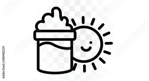 A simple black and white line drawing depicts sunscreen in a tube and a smiling sun