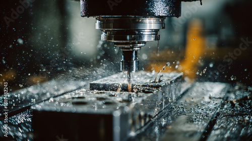 Wallpaper Mural Close-Up View of CNC Milling Machine Cutting Metal with Water Spray and Shavings in Industrial Setting Torontodigital.ca